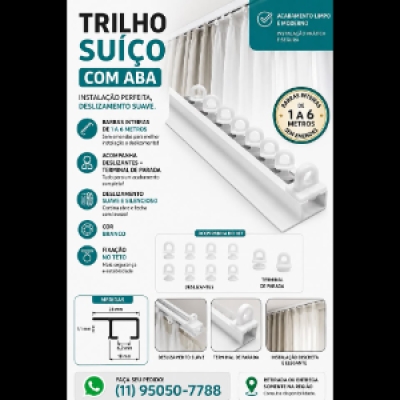 Trilho Suíço para cortinas sem emenda por metro linear de 1 à 6m........